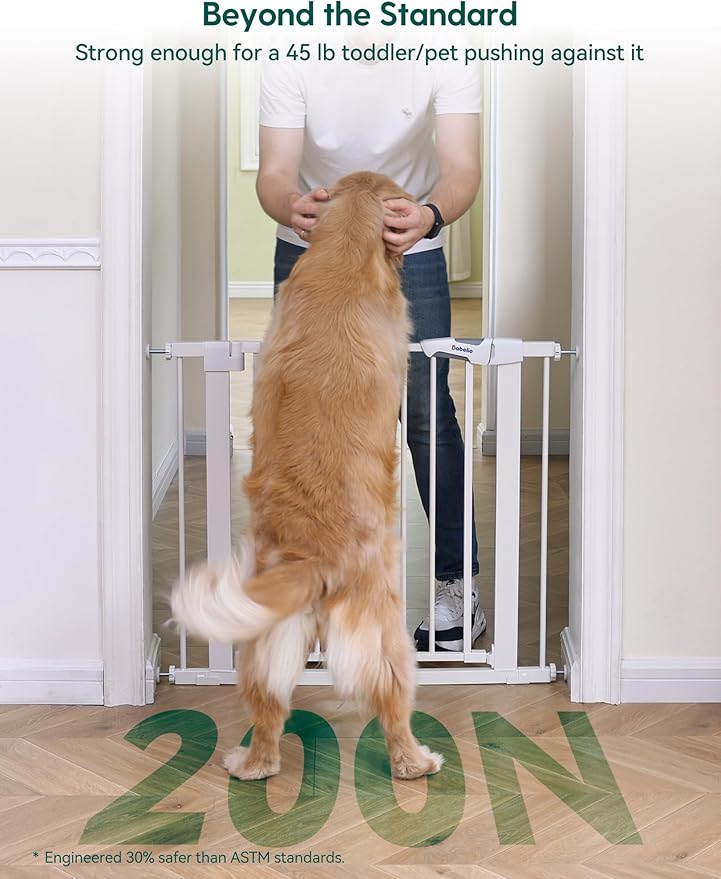 Babelio Pressure Mounted Baby Gate for Stairs, 29-48" Wide Dog Gate,2 Pack | Triple-lock System; Pressure/Wall Mount; Auto-close; 200N Impact Tested; Easy Install for Doorways, Kitchen, Hallway, White