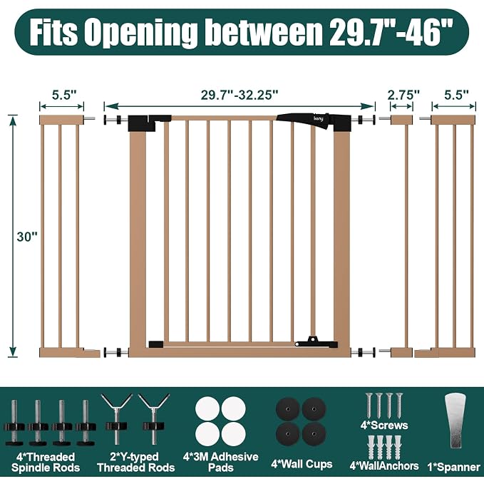 keny 29.7"-46" Baby Gate for Stairs, Auto Close Dog Gates for Doorways | Pressured Mounted No Drilling Pet Gate Extra Wide, Easy Walk Thru Stair Gate, 30" Tall, Brown