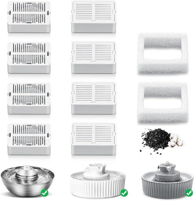 Wave and Cup Cake Porcelain Cat Fountain Filter 8 Carbon Filters 2 Foam Filters Ceramic Pet Fountain Water Dispenser Dog Fountain Replacement Filters(10PACK)