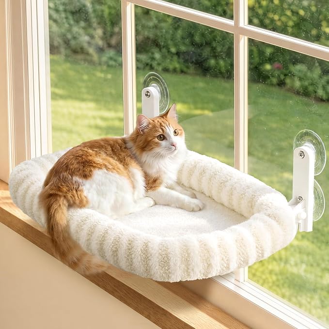 Zakkart Mellow Foldable Cat Window Perch, Upgraded Suction Cups (Beige, L) | Curtain-Friendly, Dual-Fabric Striped Machine Washable Bed, Heavy Duty ABS & Metal Frame, Hold up to 40 lbs., 24.8"W x 15.5"D