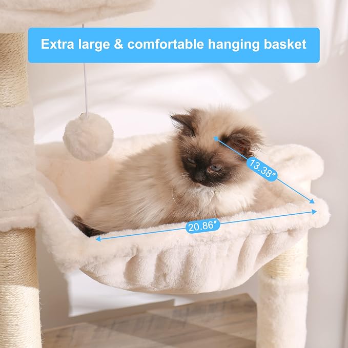 Hey-brother Cat Tree Tower, Litter Box Enclosure, Food Station, MPJ100SG | 47.24 Inches Wooden All-in-one Cat House, Large Hammock, Bed, Scratching Posts, Modern Style for Indoor Cats, Rustic Gray