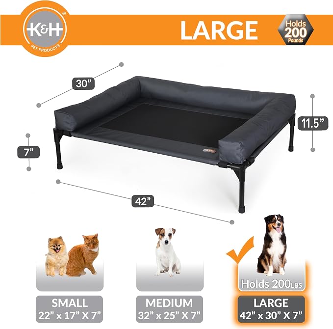 K&H Outdoor Elevated Dog Bed, Bolster Pet Cot, Large 42x30in, Charcoal | Pet Cot for Large Pets, Washable Mesh Center Hammock with Removable Washable Bolsters, Indoor / Outdoor Dog Bed, Metal Frame