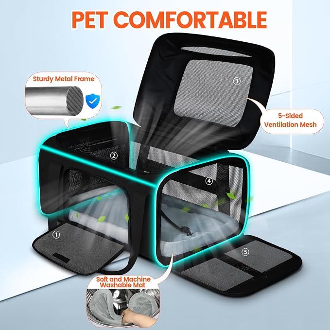 Petskd Top-Expandable Small Pet Carrier with Wheels Airline Approved | 18"x11"x11", for Delta/American/United Airlines, Lockable Safety Zippers and Anti-Scratch Mesh, Pets Under 10 Lbs, Black