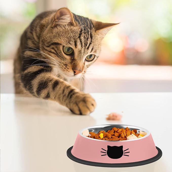 Serentive 2 Pcs Non-Slip Stainless Steel Small Cat Food Bowls - Unbreakable, Thicken 7 Oz Cat Dishes - Indoor, Removable Rubber Base, Easily Clean, Lovely Color