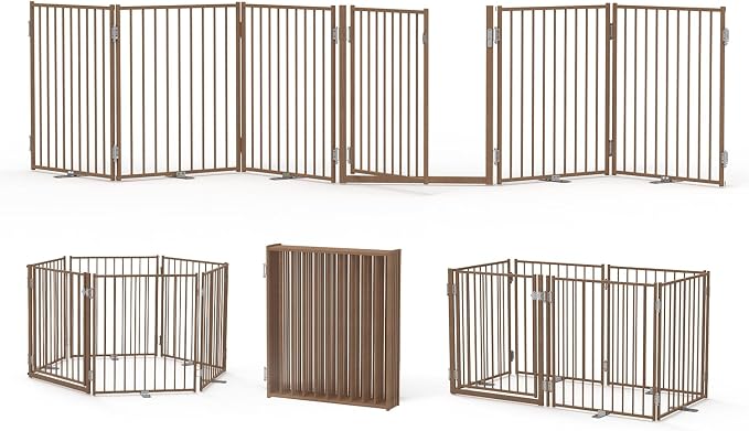 No Pawblems Full Metal Freestanding Dog Gate with Door, 30" Tall | Foldable Pet & Dog Fence for Stairs/Deck/Doorways, Indoor/Outdoor, Freestanding & Wall Mount, 156" Wide, 6 Panels, Brown