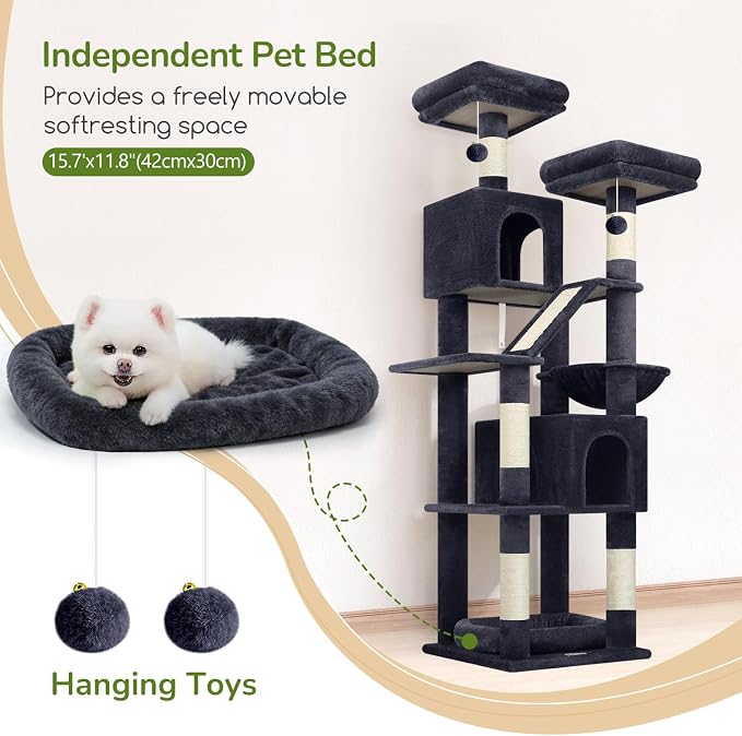 Globlazer F74D Cat Tree for Large Cats 20+ lbs, 74in Tall Tower, Dark Grey | Easy Assembly, Maine Coon, Large Cats, 2 Condos, Steel-Rim Basket Bowl, Plush Bed, 2 Perches, Sisal Posts, Anti-Topple Strap