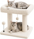 Small Cat Tree with Large Top Perch for Indoor Cats, Beige | Carpeted Scratching Post | Soft Plush Bed | Furniture Protecter | Small Cat Tower | Replacement Toy Balls | Space-Saving