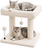 Small Cat Tree with Large Top Perch for Indoor Cats, Beige | Carpeted Scratching Post | Soft Plush Bed | Furniture Protecter | Small Cat Tower | Replacement Toy Balls | Space-Saving