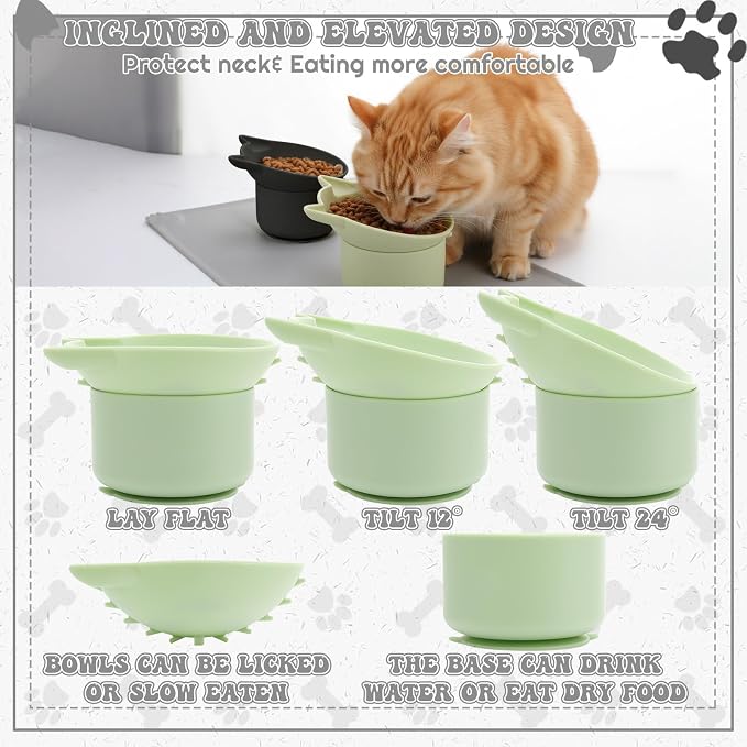 2 Pack Slow Feeder Cat Bowls, Silicone Tilted Raised Pet Bowl with Non Slip Base for Digestion Anti Vomit, Black, Green