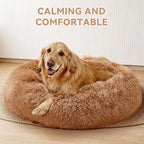 Calming Donut Pet Bed for Cats & Small Dogs, Ultra Soft Fluffy Anti Anxiety Cat Bed with Raised Rim, Washable Plush Round Puppy Bed for Indoor Cats, Kittens, Chihuahua & Yorkie (Khaki, 20 Inch)