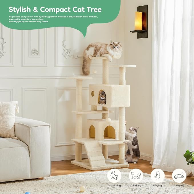 DUMOS 54 Inch Cat Tree Tower with Scratching Posts, Beige | Multi-Level Pet House for Large Cats with 2 Condos, Scratching Posts, Round Platform, Small Ladder and Toys