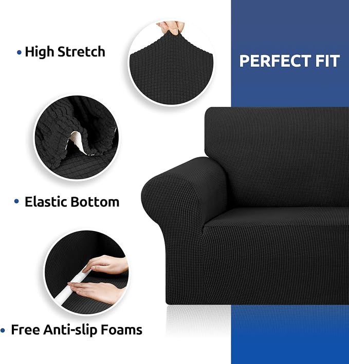 Stretch Oversized Couch Covers for Sofa Slipcover,Black | 1-Piece Washable Sofa Cover (94"-110") 4-Seater Furniture Protector, Soft Jacquard Non-Slip Elastic Bottom for Dogs & Kids