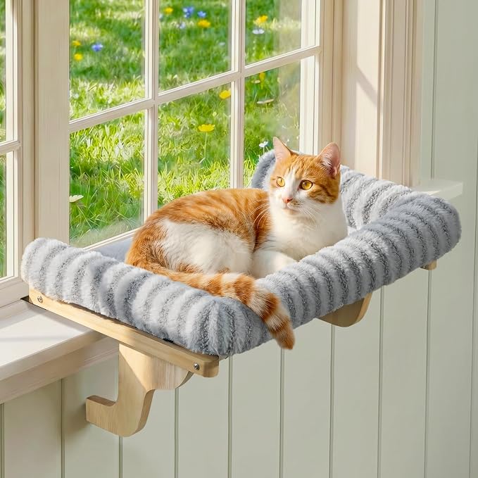 Zakkart Mellow Cat Perch for Windowsill with Hardwood Frame (Gray, XL) | Hook-On Windowsill Mount, Open-front View, Machine Washable, Support up to 40 lbs., 27"W x 15.5"D