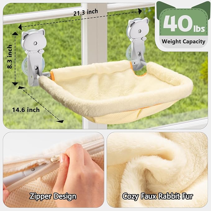 Cat Window Perch Cordless, Foldable & Stable Cat Beds- Breathable Cat Window Hammock for Overlooking, Sunbathing and Climbing - Maximum Hold Up to 40lb(Cream)