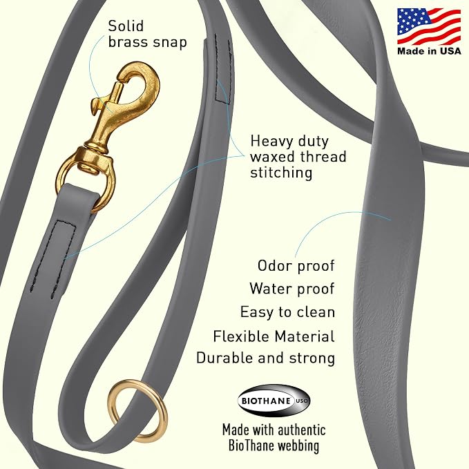 Viper Biothane K9 Working Dog Leash Waterproof Lead for Tracking Training Schutzhund Odor-Proof Long Line with Solid Brass Snap for Puppy Medium and Large Dogs 6ft, Battleship Gray