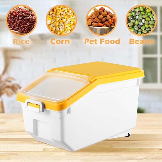 4 Pcs Rice Storage Containers Bulk Flour Sugar Container Wheels Measuring Cups Set Airtight Pet Dog Cat Birds Food Bin Grain Cereal Organizer Box for Dry Baking(Yellow,22 lb)