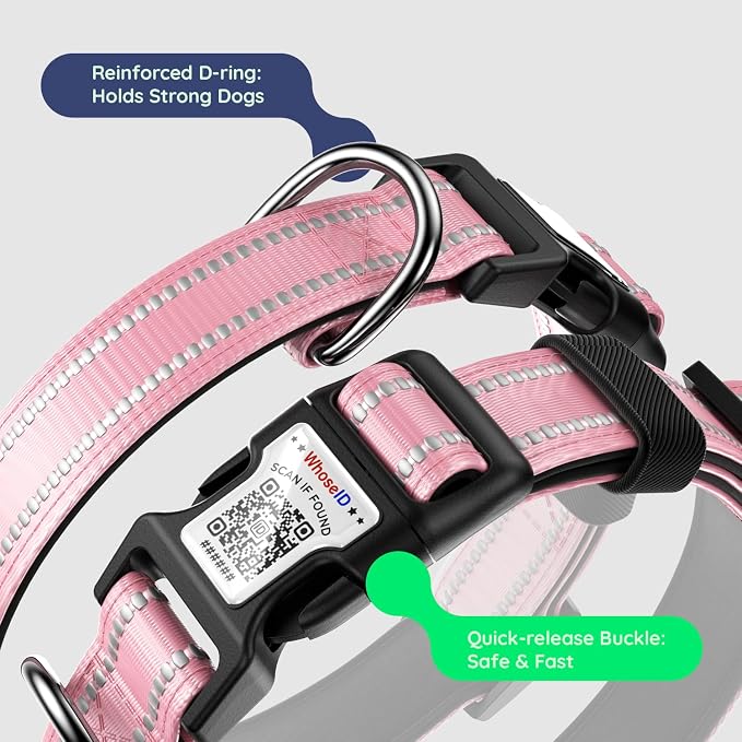 Airtag Dog Collar, Reflective Ultra-Durable Nylon Padded with QR Code Buckle & IP68 Waterproof Air Tag Holder Compatible for Apple AirTag, Comfortable for Small Medium Large Dogs(Pink,S)