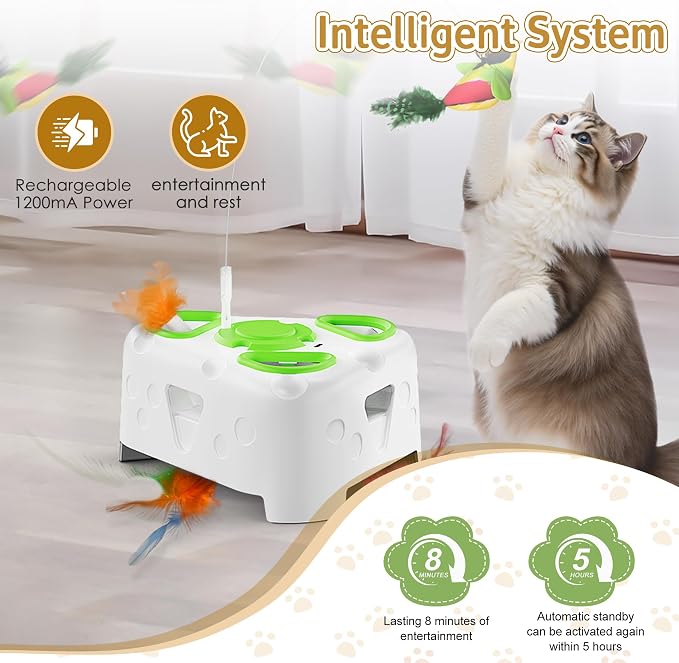 3-in-1 Automatic Interactive Cat Toy, Flying Bird, Mole & Feather | Rotating feather, 3 play modes, cheese-shaped non-slip base, USB-C rechargeable 1200mAh battery, 8-minute auto shutoff