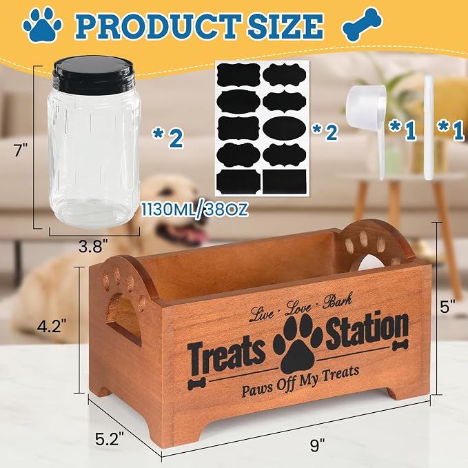 Dog Treat Container Dog Food Container for Dog Food Storage, Farmhouse Cat Food Container Pet Food Storage Organizer, Wood Dog Treat Holder with 2 Plastic Cat Dog Treat Jars, Brown Cat Treat Container