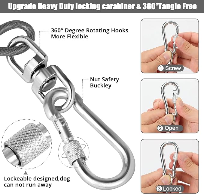jenico Dog Tie Out Cable, 10/15/20/30/40/50/70/100/150FT Runner Cable with Swivel Hook and Shock Spring, Dog Leash Run Tether for Yard Outdoor and Camping,for Small to Medium Pets Up to 500 LBS