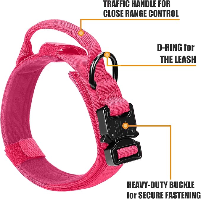 Tactical Dog Collar and Bungee Leash Set, Adjustable Military Training Nylon Dog Collar with Controll Handle and Heavy Metal Buckle，with USA American Flag, Patches and Airtags Case(Pink, L)