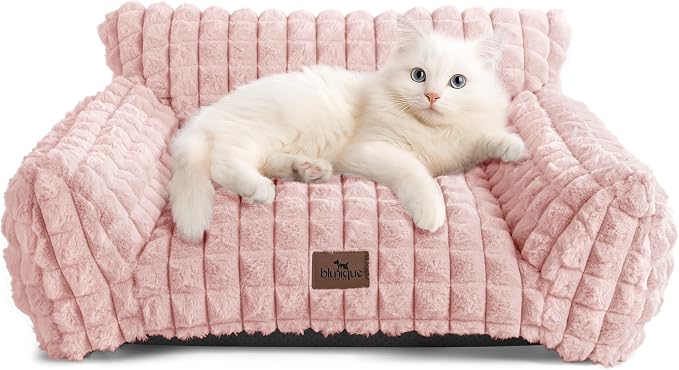 Cat Bed for Indoor Cats - Cute Pink Cat Couch Beds, Fluffy Pet Couch with Faux Rabbit Fur Washable Cover, Fuzzy Pet Sofa in 3D Diamond Pattern, 24inch