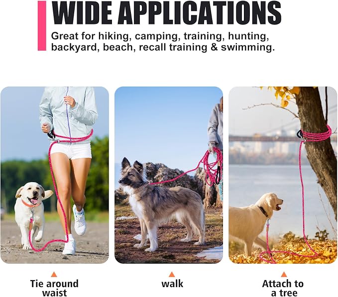 lynxking Long Dog Leash Reflective 15ft 30ft 50ft Check Cord Training Lead Padded Handle Heavy Duty Rope for Puppy Small Medium Large Dogs (Pink, 50ft x 3/8inch)