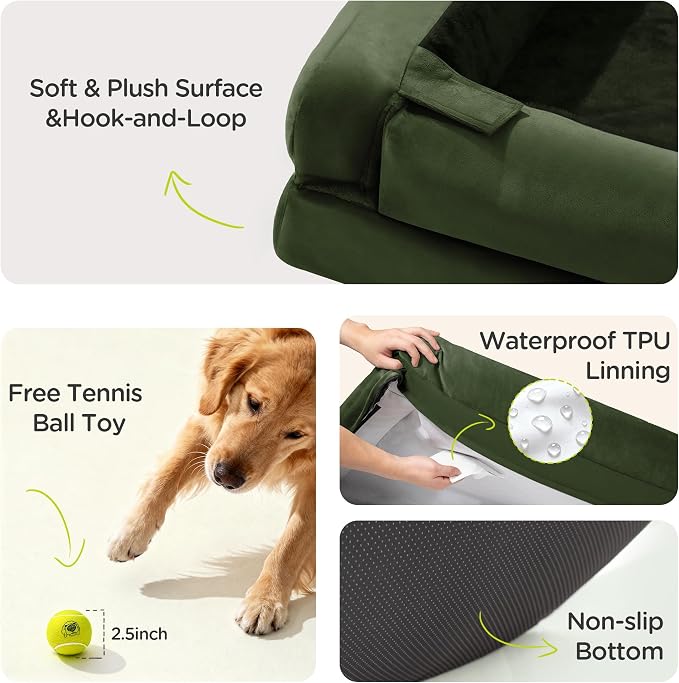 Waterproof Orthopedic Dog Bed for Extra Large Sized Dogs | Memory Foam Pet Bed Sofa with Bolster, Dog Couch with Washable Cover & Non-Slip Bottom, 48x30 Inch, Oliva Green
