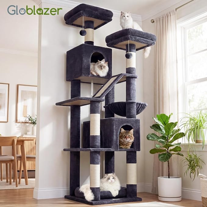 Globlazer F74D Cat Tree for Large Cats 20+ lbs, 74in Tall Tower, Dark Grey | Easy Assembly, Maine Coon, Large Cats, 2 Condos, Steel-Rim Basket Bowl, Plush Bed, 2 Perches, Sisal Posts, Anti-Topple Strap