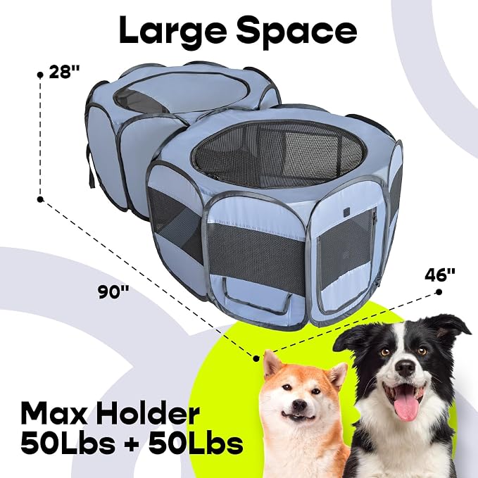 2-in-1 XLarge Pop Up Dog Playpen, 90"x 46" x28"H Portable Cat Condo Foldable Puppy Pet Playpen Indoors Outdoor Cats Enclosed Tent Crate Cage Kennel, Playpen for Kitten, Small Animals Play Pen(L)