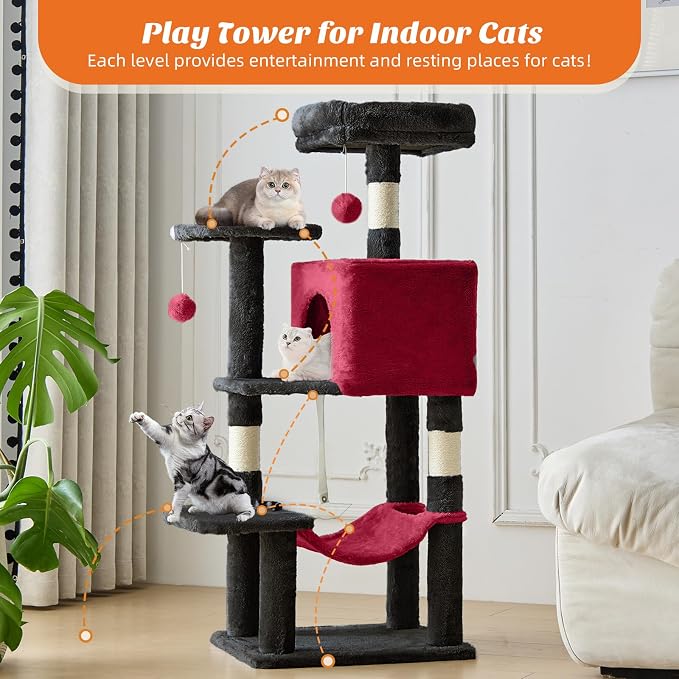 DUMOS Small 44 Inches Cat Tree Tower, Black and Red | Cat Climbing Tower with Natural Sisal Scratching Posts, Hammock, Pet Condo for Indoor Cats and Kittens Play
