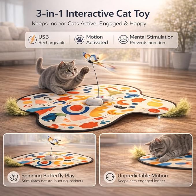Pet's Var 3-in-1 Interactive Cat Toy for Indoor Cats, Motion Activated Automatic Cat Toy with Moving Feather, Fluttering Butterfly, Mouse Sound, Rechargeable with Bonus Teaser
