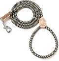 Mile High Life Dog Leash with Genuine Leather Connection, 4/5/6 FT | Rope Leash, Heavy Duty 360° Swivel Metal Clasp, for Small Medium & Large Dogs Walking (Black Khaki, 72 Inch-1/2)