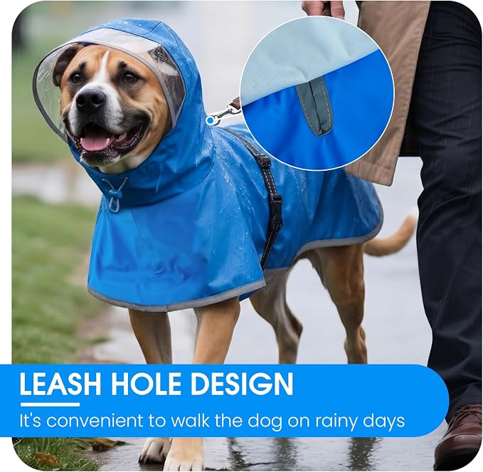BRKURLEG Dog Raincoat, Waterproof Rain Jacket with Clear Hood for Small Medium and Large Dogs, Adjustable Reflective Pet Rain Coat Poncho with Leash Hole, Blue L