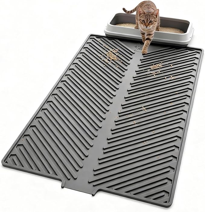 Cat Litter Box Mat Large Litter Trapping Mat for Cat | 34" x 22", Silicone, Foldable, Non-Slip, Friendly Soft on Cat Paws, Easy to Clean, Scatter Control, Light gray