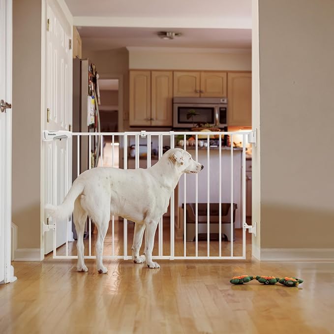 Babelio 31.5-55" No Bottom Bar Baby Gate Extra Wide, 2-in-1 Auto Close Dog Gate for The House, Stairs and Doorways, with Large Walk Thru Door, White | Easy Install| One-handed Opening| Auto-close| Drill Needed Indoor Safety Dog/Pet Gate for Stairs, Hal...