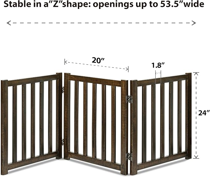 LZRS Wooden Free Standing Dog Gate 60" W x 24" H, Foldable Solid Hardwood Pet Safety Fence for House Doorways, Stairs, Hallways, Step-Over Pet Barrier, No Drill Easy Setup,Walnut