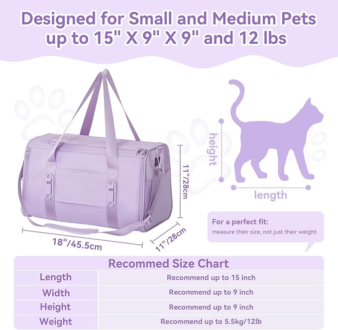 PETSFIT Cat Carrier Soft with Patented Safety Buckles, Safe for Car Travel | Lockable Zippers, Safety Tether, Escape-Resistant Pet Carrier for Vet Visits, Airline Approved Under-Seat, Up to 12 lbs
