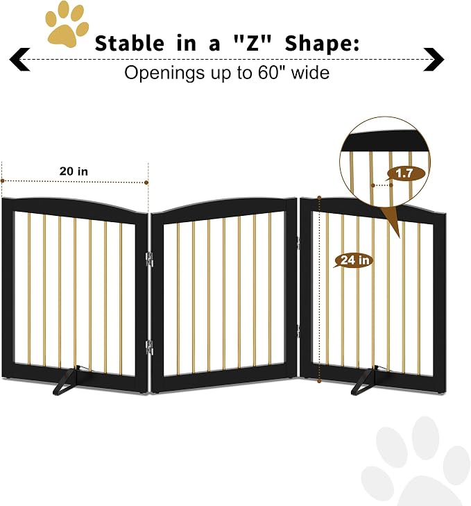 PUPETPO Freestanding Pet Gate for Dogs, Foldable Wooden Dog Gate for House, Indoor Dog Gate for Doorways, Stairs, Step Over Pet Puppy Safety Fence, Support Feet Included,24" Height 3 Panels,Black&Gold