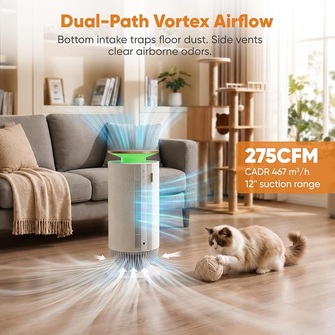 Petbobi Air Purifier for Home Large Room Up to 3630 Sq Ft, H13 + H11 HEPA | 7-Layer Anti-Clog Pet Hair Dander Smoke Odor Removal, 360° Airflow 275 CFM, Smart App & Monitor Auto Mode, 25dB Quiet Sleep