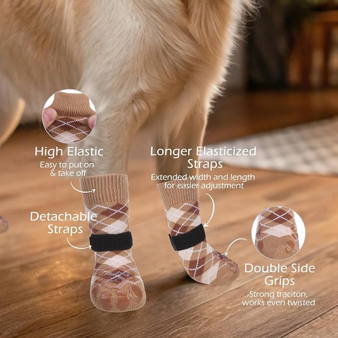 EXPAWLORER Dog Socks to Prevent Licking Paws,Anti Slip Dog Shoes for Hot Pavement,Dog Booties for Hardwood Floors,Dogs Boots & Paw Protectors for Small Medium Large Senior Dogs,British Style,Khaki XL