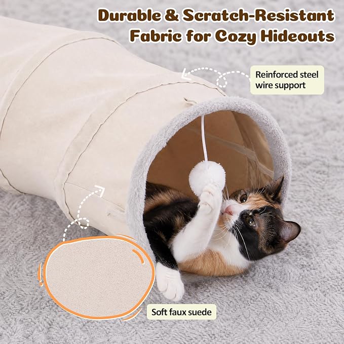 Ownpets S-Shape Cat Tunnel Toy 48"L x 10"D, for Cats, Puppies & Small Pets | Collapsible for storage, tear-resistant oxford fabric, connects to other tunnel, with peek hole, feather wand, indoor/outdoor
