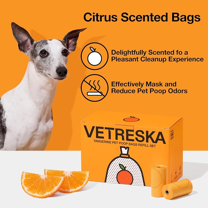VETRESKA Citrus Scented Dog Poop Bags, 540 Counts, Leak Proof and Large | Extra Thick Pet Waste Bags for Dogs Walking, Cat Litter (36 Refill Rolls), Orange