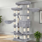 Heybly Cat Tree, 68 inch Multi-Level Cat Tower for Indoor Cats HCT025W | Cat Condo with 2 Widened Plush Perches, 2 Cozy Baskets, Scratching Board and Big Caves, Light Gray