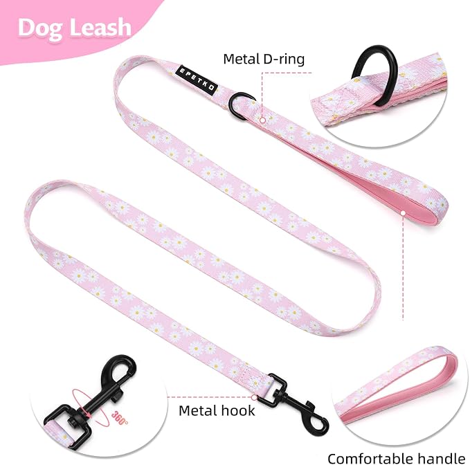 Small Dog Harness and Leash Set of 6, No Pull Soft Lightweight Mesh Puppy Harness， Adjustable Cute Floral Pattern Pet Harness for Small Medium Dogs (Pink Flowers, L)