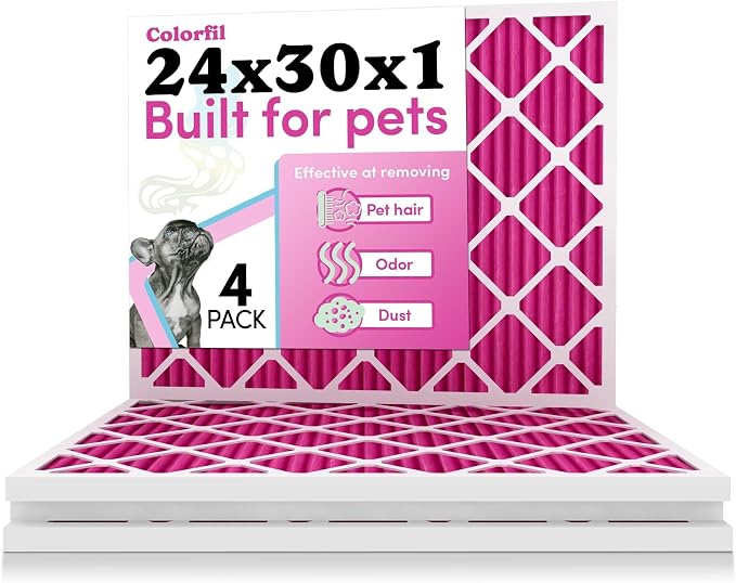24x30x1 Air Filter by Colorfil | Color Changing Filters for Cat and Dog Odor | MERV 8 Furnace AC Filter for Pet Hair and Dust | 23.9"x29.9"x0.75" Exact Size | Pack of 4