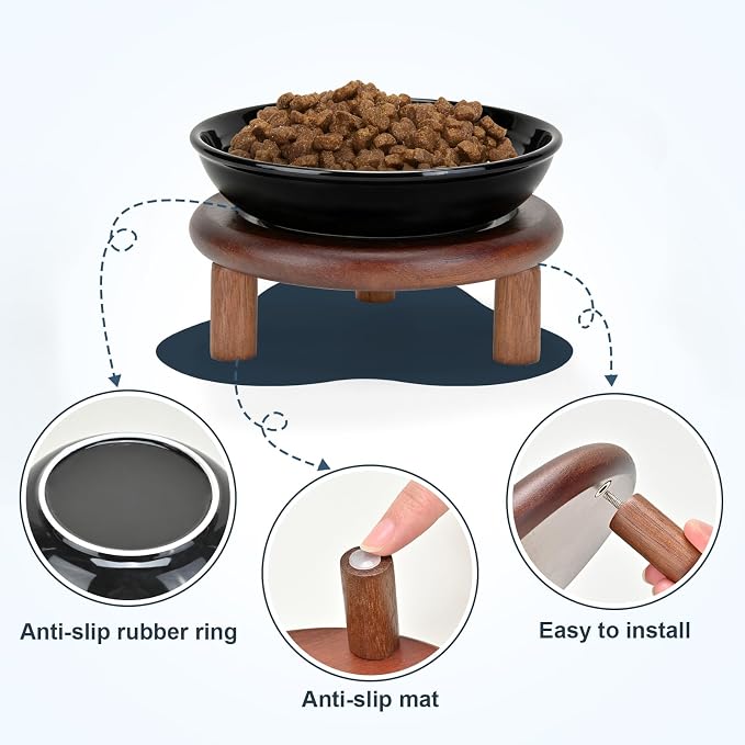 SPUNKYJUNKY Shallow Elevated Cat Bowl with Acacia Wood Stand Wide Raised Ceramic Cat Dishes Whisker Friendly Pet Food and Water Plates (Striped Pattern, 2 Pack, Black)