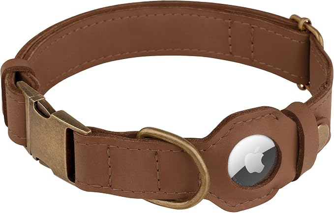 AirTag Dog Collar - Genuine Leather Dog Collar with Apple AirTag Holder and Metal Buckle - Smart GPS Tracking Pet Collars (Tawny, XL, 20"-25" Neck Fit)