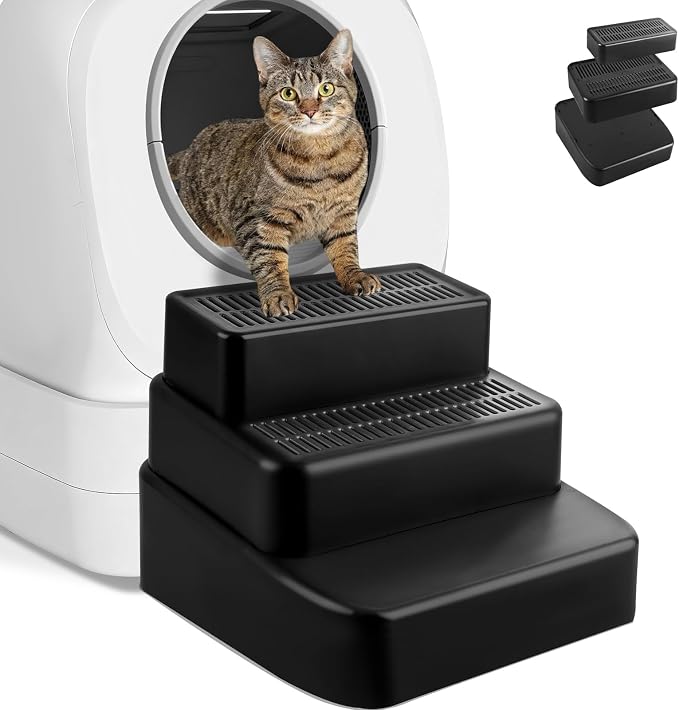 3 Step Litter Box Ramp Adjustable Detachable Litter Box Step, Black