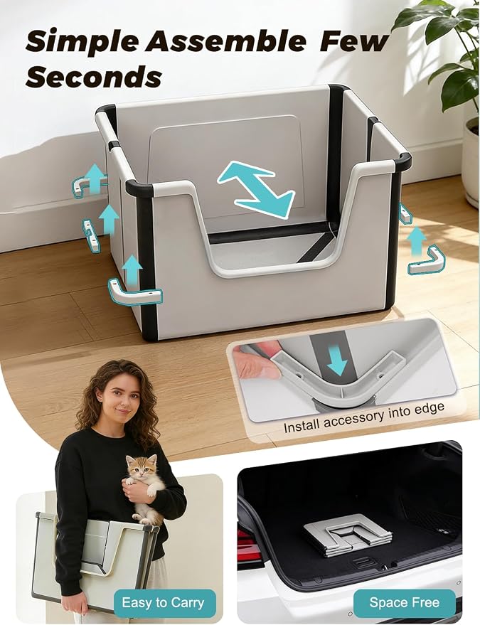 BOLUAMPHC® Large Foldable Cat Litter Boxes for Travel Includes Litter Mat & Scoop，Portable Litter Box for Cats with High Sides for Anti Splashing, Low Entry for Kitty & Old Cat, Easy Clean and Storage
